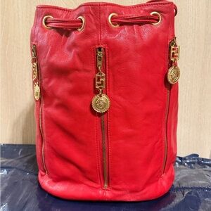 Vintage Red Leather Bucket Bag with Gold Medallion Hardware